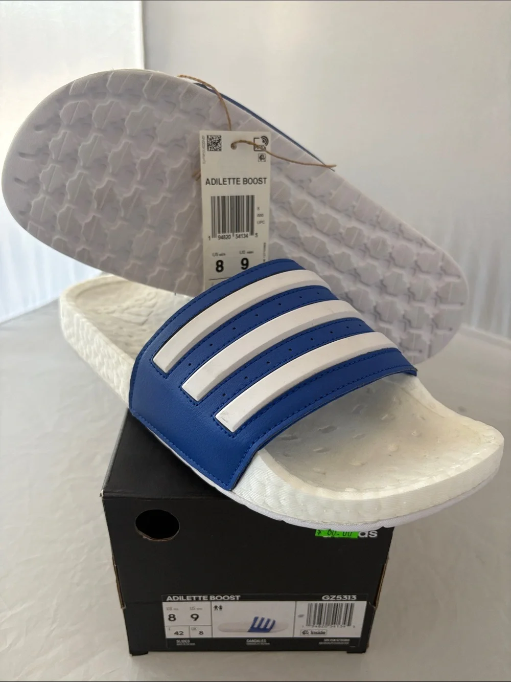 New Adidas Men’s Adilette Boost Slide Sandals - Blue/White Size 8 m / 9 w